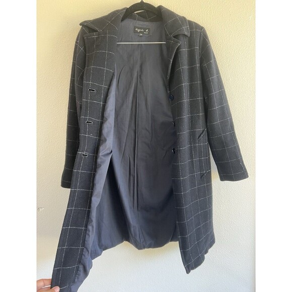 Agnes B Wool Chester Coat Women’s Small T1 Blad White Grid Plaid France - Picture 9 of 9